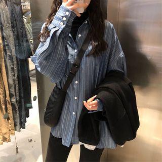 Striped Long-sleeve Loose-fit Shirt Blouse - Blue - One Size
