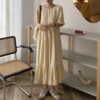 Plain Short-sleeve Tie-back Midi A-line Dress