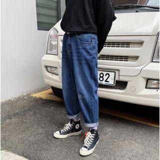 Washed Lettering Embroidered Straight Cut Jeans