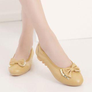 Genuine Leather Rhinestone Ribbon Accent Ballet Flats