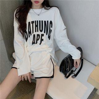 Cutout Loose-fit Printed Top / Contrasted Wide-leg Sweatshorts