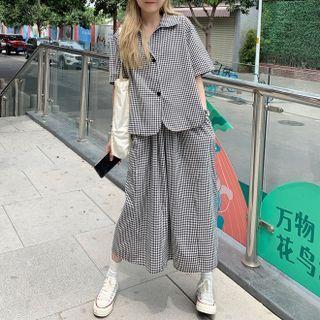 Short-sleeve Gingham Shirt / Midi Skirt