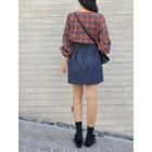 Side-button Puff-sleeve Plaid Blouse