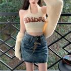 Lettering Knit Cropped Halter Top / Cardigan / Halter-neck Knit Mini Sheath Dress / Lace Up Denim Mini Pencil Skirt