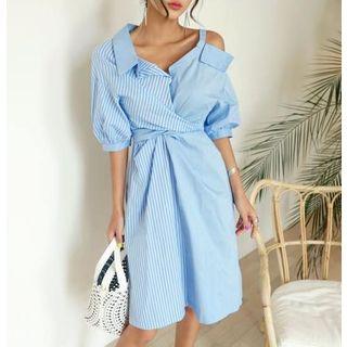 Elbow-sleeve Cold Shoulder Striped Panel Dress