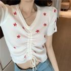 Flower Embroidered Drawstring Short-sleeve Knit Crop Top