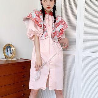 Puff-sleeve Floral Embroidered Button-up Midi Dress