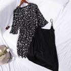 Set: Floral Elbow-sleeve Chiffon Dress + Slipdress Black - S