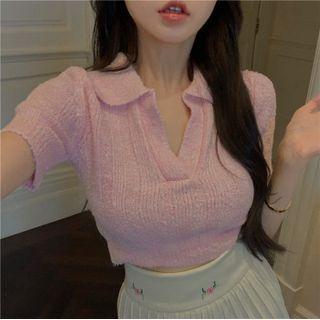 Short-sleeve Collared Knit Crop Top / Flower Embroidered Mini Pleated Skirt