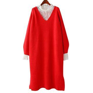 Set: Long-sleeve Lace Dress + V-neck Sweater Dress