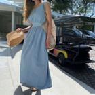 Sleeveless Gathered Maxi Denim Dress Light Blue - One Size