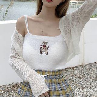 Bear Print Knit Camisole Top / Cardigan