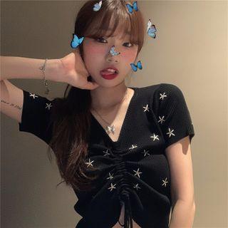 Embroidered V-neck Short-sleeve Slim-fit Knit Top Black - One Size