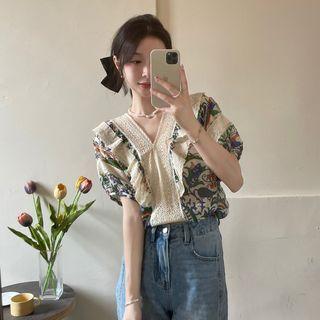 Puff-sleeve V-neck Print Blouse White - One Size
