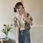 Puff-sleeve V-neck Print Blouse White - One Size
