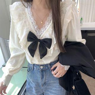 Lace Trim Bow Accent Blouse White - One Size