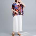Set: Short-sleeve Print T-shirt + Wide-leg Pants Top - Black & Orange - One Size / Pants -white - One Size