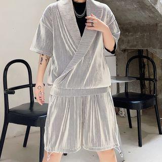 Set: Elbow-sleeve Wrap Top + Wide-leg Shorts