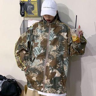 Leaf Print Lettering Zip Jacket