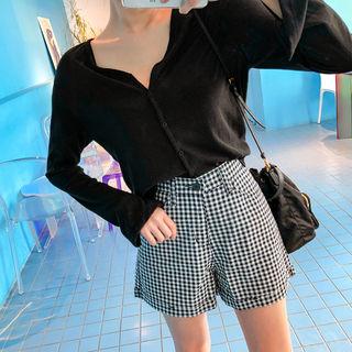 Cuff-hem Gingham Linen Blend Shorts