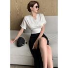V-neck Crop Blouse / Side-slit High-waist Midi Skirt