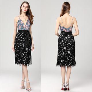 Spaghetti-strap Floral Panel Star Mesh Party Dress