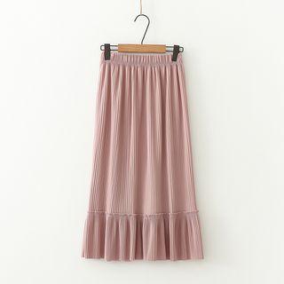 Ruffle Hem Pleated Midi Skirt