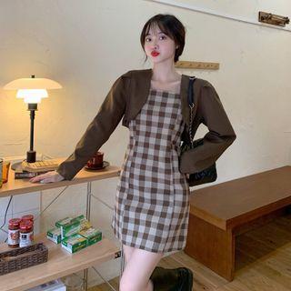 Plain Cropped Long-sleeve Jacket / Plaid Suspender Skirt
