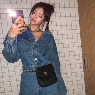 Pocket-detail Buttoned Denim Jumpsuit Dark Blue - One Size