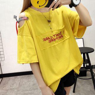 Cold-shoulder Letter Embroidered T-shirt