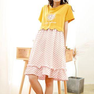 Short-sleeve Printed Mock Two Piece Dress