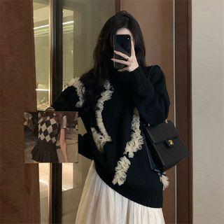 Long-sleeve Ruffled Sweater Black - One Size