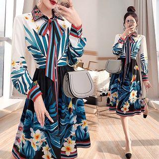 Tie-neck Floral Print Midi Shirtdress