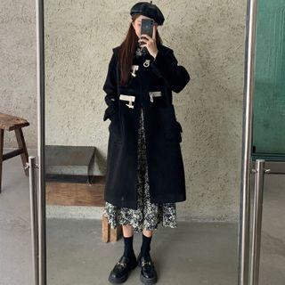 Long Duffle Coat / Long-sleeve Floral Print Midi A-line Dress