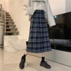 High-waist Plaid Midi Skirt Navy Blue - One Size