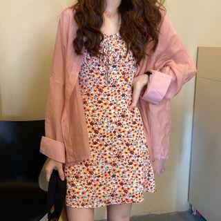Plain Shirt / Flower Print Spaghetti Strap Mini A-line Dress