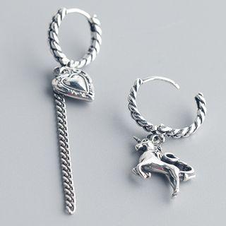Non-matching Heart & Horse Dangle Earring 1 Pair - S925 Silver - Silver - One Size
