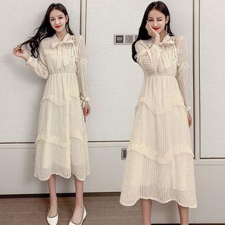 Tie-neck Balloon-sleeve Ruffled Midi Chiffon Dress