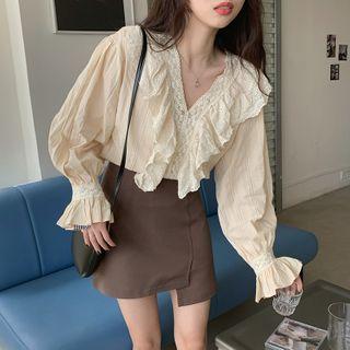 Lace V-neck Long-sleeve Loose-fit Blouse