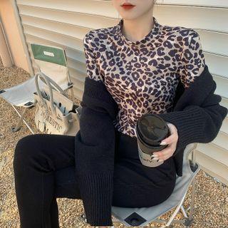 Long-sleeve Leopard Print Top Leopard - Beige - One Size