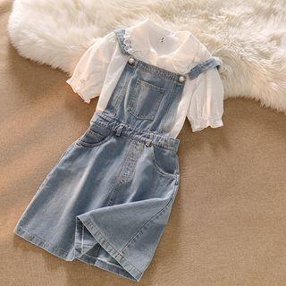 Short-sleeve Dotted Shirt / Denim Mini Overall Dress