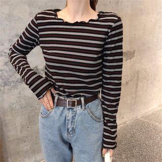 Long-sleeve Ruffled Striped T-shirt