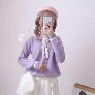 Contrast Trim Collared Knit Top Violet - One Size