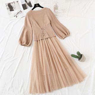 Set: Lace Up Lantern-sleeve Sweater + Mesh Slipdress