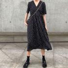 Short-sleeve Dotted A-line Midi Dress Dots - Black & White - One Size
