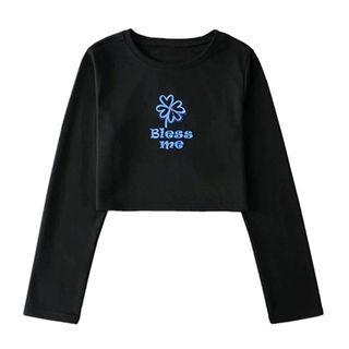 Long-sleeve Lettering Flower Print T-shirt