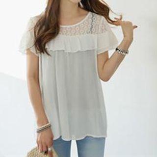 Frilled Lace Yoke Short Sleeve Top
