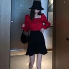 Square Neck Long-sleeve Blouse / A-line Skirt