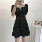 Square Neck Puff Short Sleeve Single Breasted Dress
