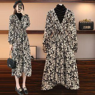 Long-sleeve Turtleneck Floral Print Midi A-line Dress